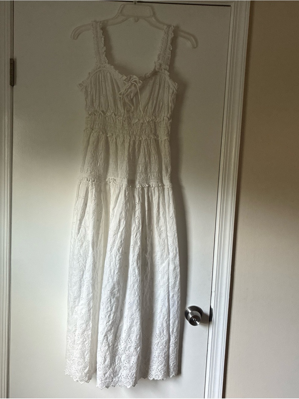 White Eyelet Midi Dress with Lace Straps